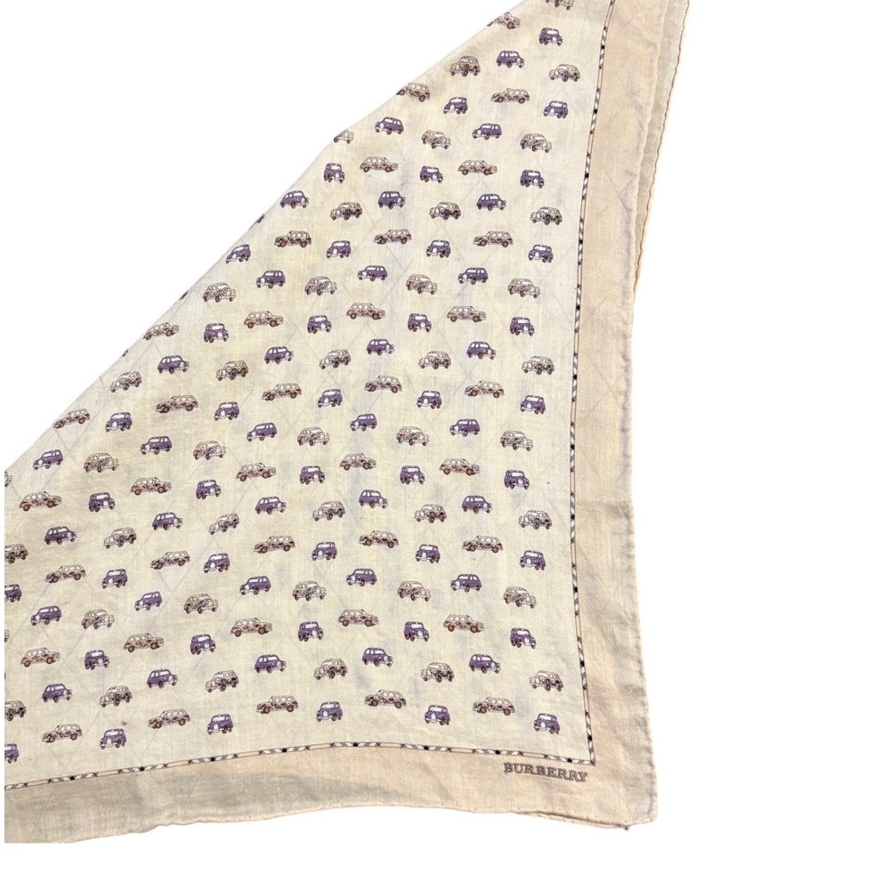 Burberry Cotton Square Scarf Cream Purple Vintage Car Novelty Print 20x20 - Picture 2 of 8